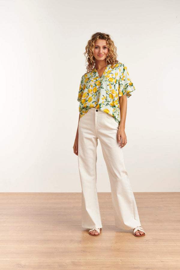 smashed lemon 23095 Women'S Casual Summer Short Sleeve Citroen Printed Tops | Light Green-Yellow