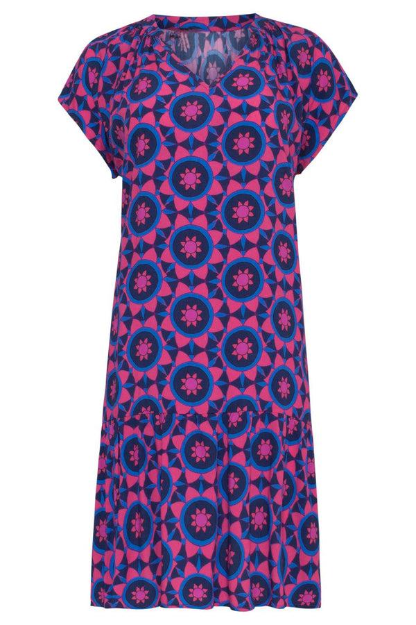 Smashed Lemon 23102 Stijlvol Losvallend Jurkje Met A-Lijnzwierige Onderkant - Abstracte Print Fuchsia/ | Fuchsia-Blue