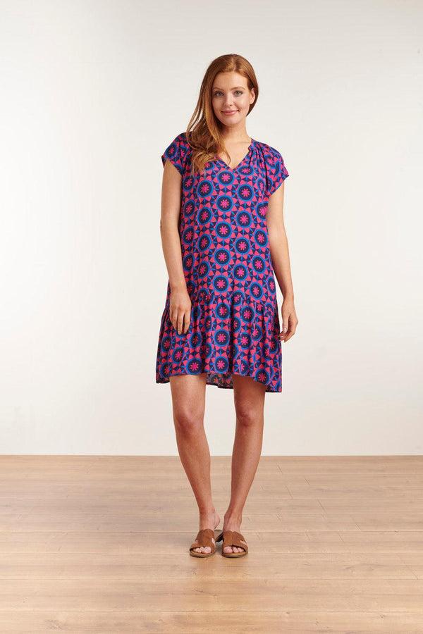 Smashed Lemon 23102 Stijlvol Losvallend Jurkje Met A-Lijnzwierige Onderkant - Abstracte Print Fuchsia/ | Fuchsia-Blue