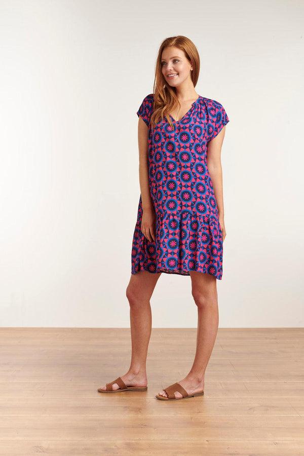 Smashed Lemon 23102 Stijlvol Losvallend Jurkje Met A-Lijnzwierige Onderkant - Abstracte Print Fuchsia/ | Fuchsia-Blue