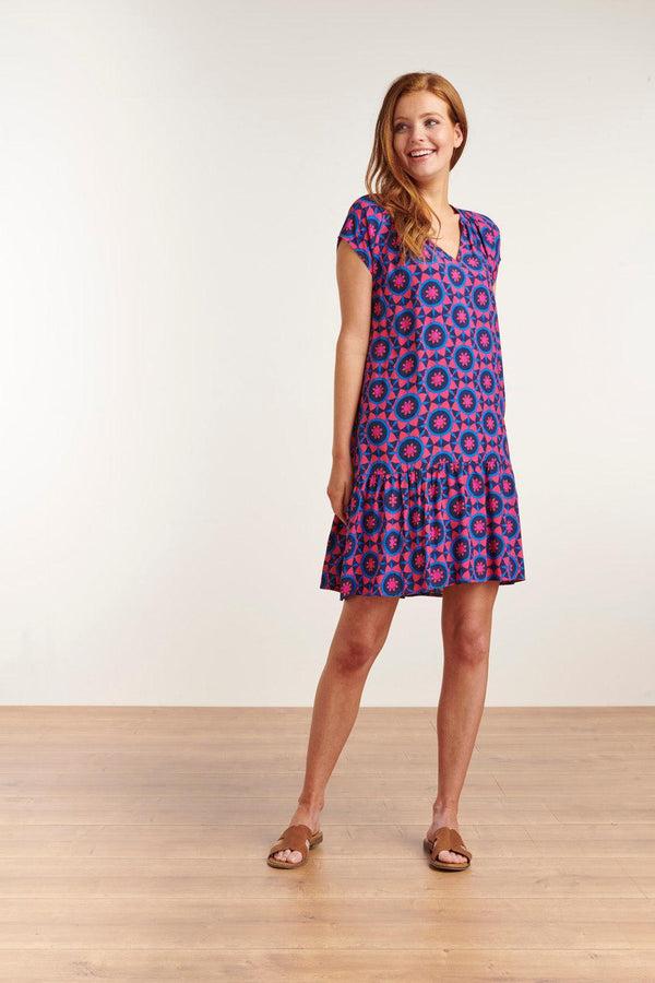 smashed lemon 23102 Stijlvol Losvallend Jurkje Met A-Lijnzwierige Onderkant - Abstracte Print Fuchsia/ | Fuchsia-Blue