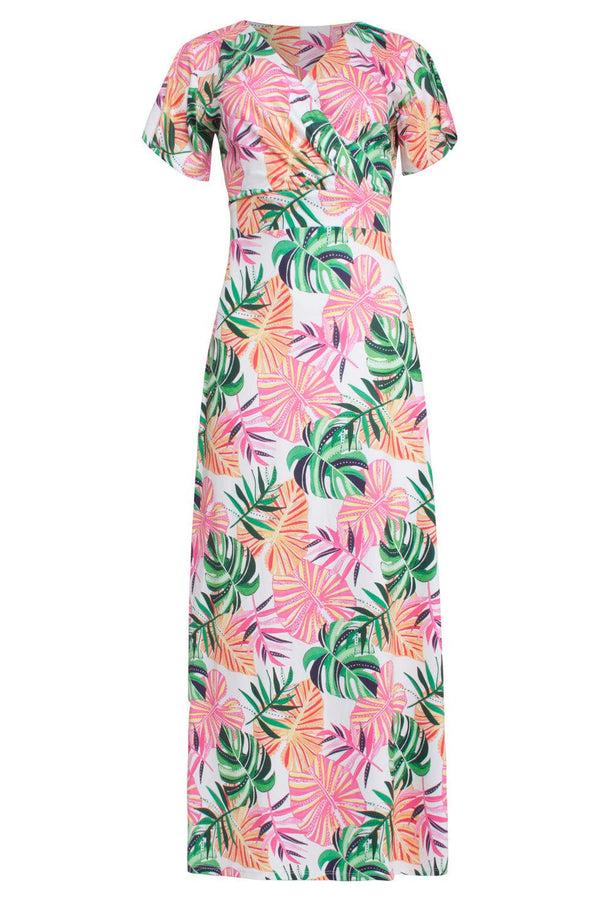 Smashed Lemon 23108 Boho Korte Mouwen Zomer Maxi Jurk | White-Multicolour