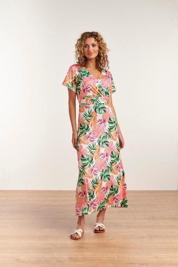 Smashed Lemon 23108 Boho Korte Mouwen Zomer Maxi Jurk | White-Multicolour