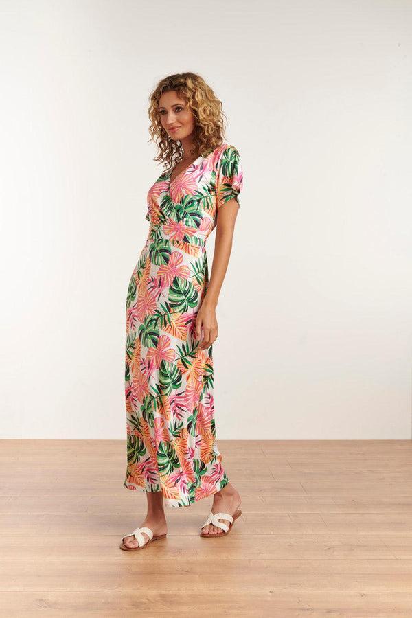 Smashed Lemon 23108 Boho Korte Mouwen Zomer Maxi Jurk | White-Multicolour