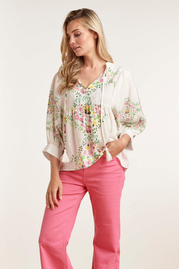 Smashed Lemon 23128 Vrouwen Longsleeve Abstract Print Los Vallende Top | White-Multicolour