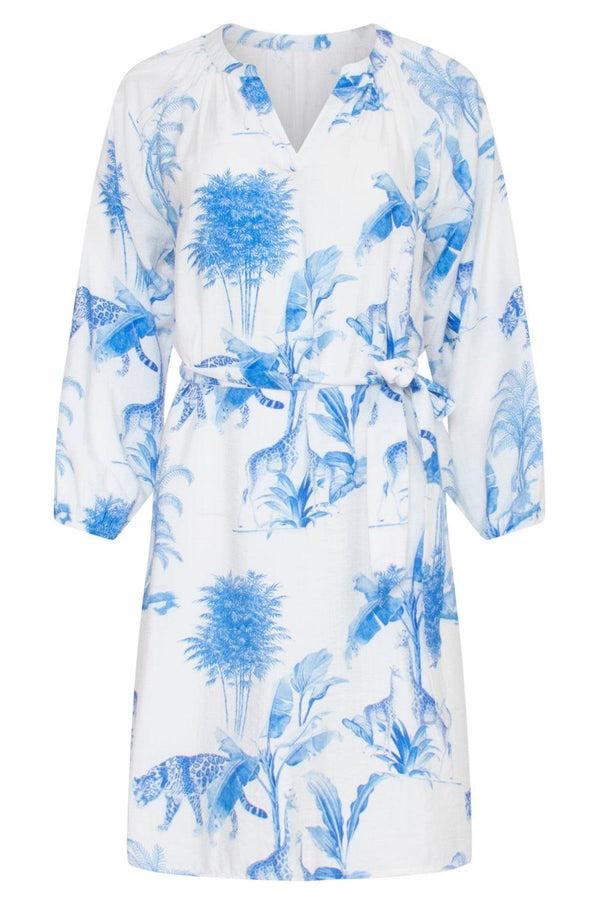 Smashed Lemon 23135 White And Blue Jungle Printed Women'S Mini Dress | White-Blue