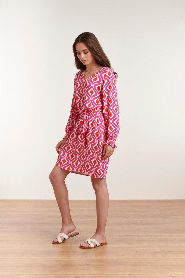 Smashed Lemon 23140 Retro Zomerjurk Met Grafische Print | White-Fuchsia