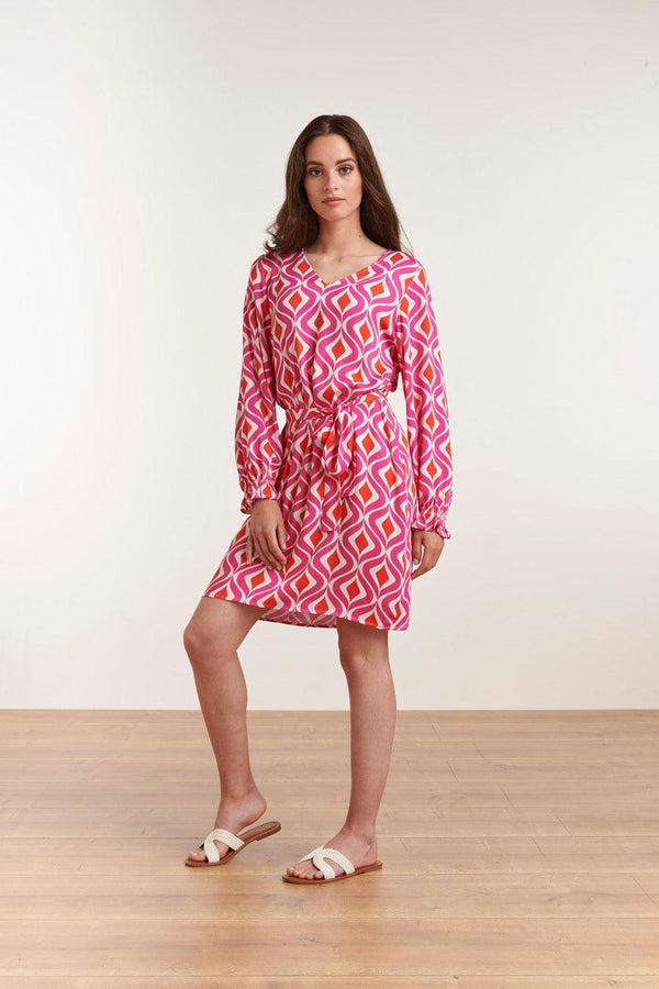 smashed lemon 23140 Retro Zomerjurk Met Grafische Print | White-Fuchsia