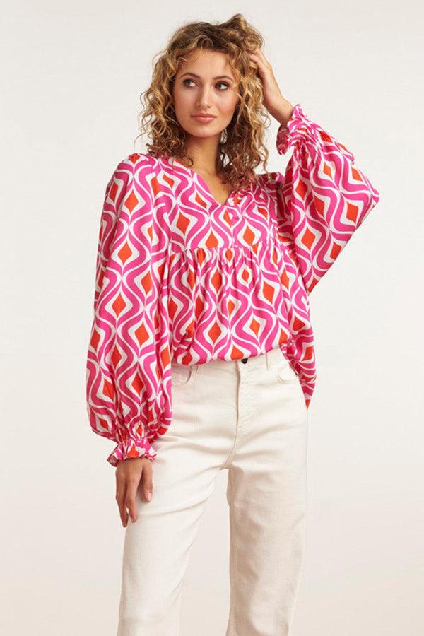 Smashed Lemon 23141 Modieuze Top Met V-Halslijnretroprint | White-Fuchsia