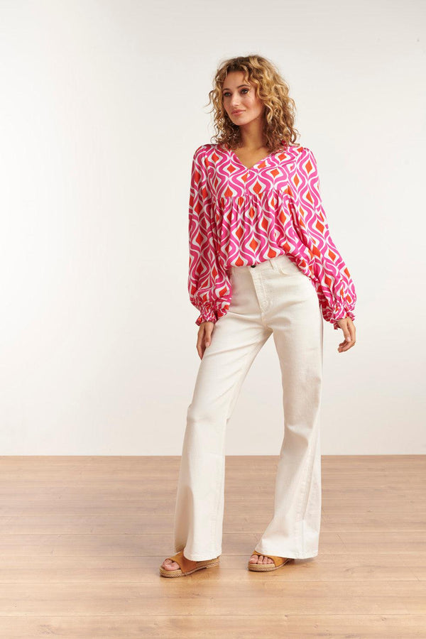Smashed Lemon 23141 Modieuze Top Met V-Halslijnretroprint | White-Fuchsia
