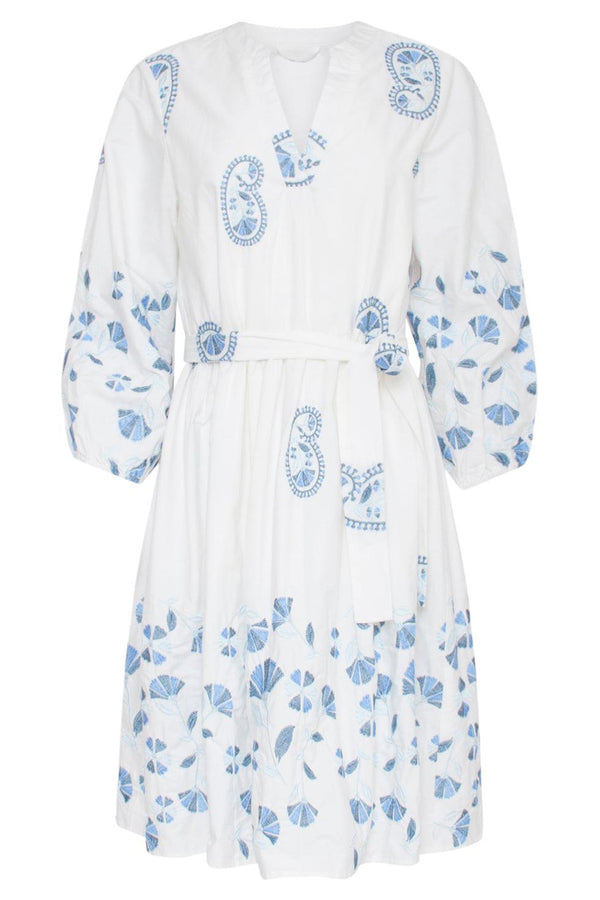Smashed Lemon 23147 Luxe Paisley Embroidery Jurk Met Ceintuur 100% Katoen | White-Blue