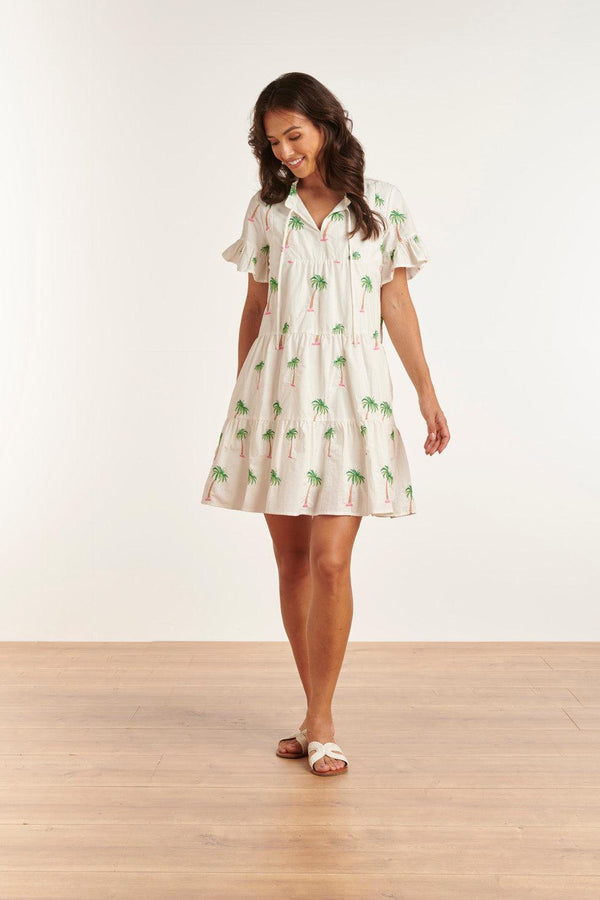 Smashed Lemon 23151 Te Palmboom Mini Jurk Met Losvallende Pasvorm Accenten | White-Green