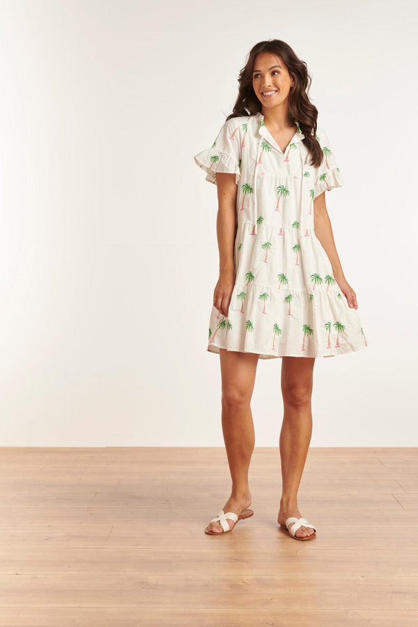 smashed lemon 23151 Te Palmboom Mini Jurk Met Losvallende Pasvorm Accenten | White-Green