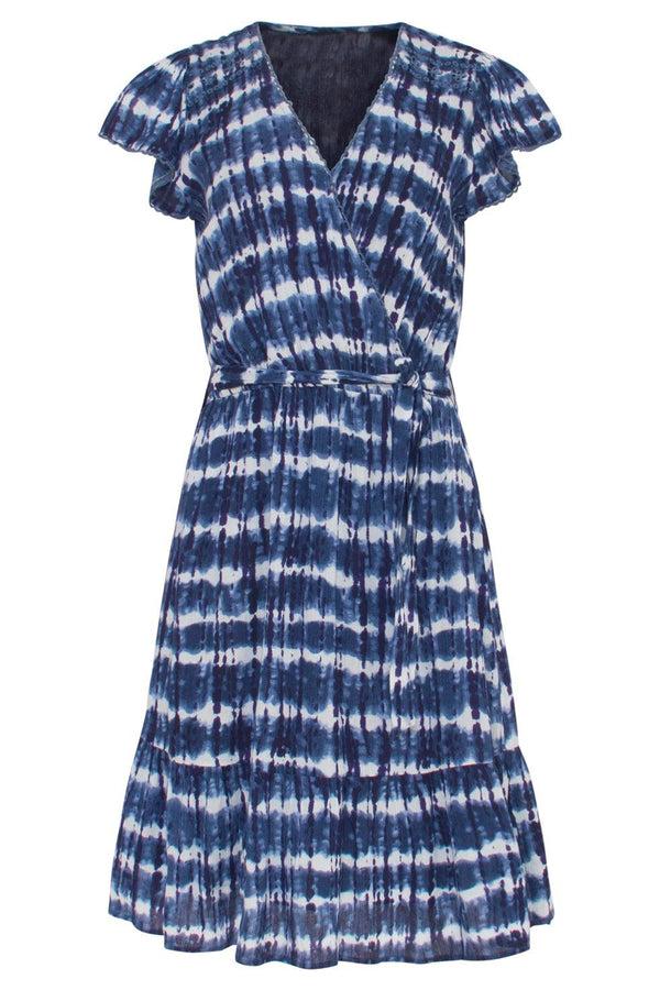 Smashed Lemon 23183 Women Tie Dye Midi Waisted Dress | Blue-White