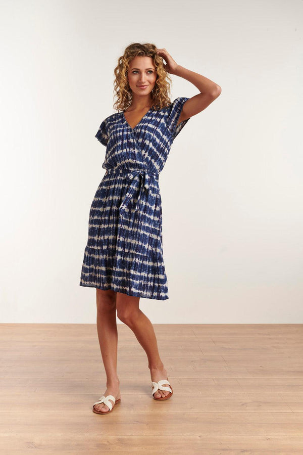 Smashed Lemon 23183 Women Tie Dye Midi Waisted Dress | Blue-White