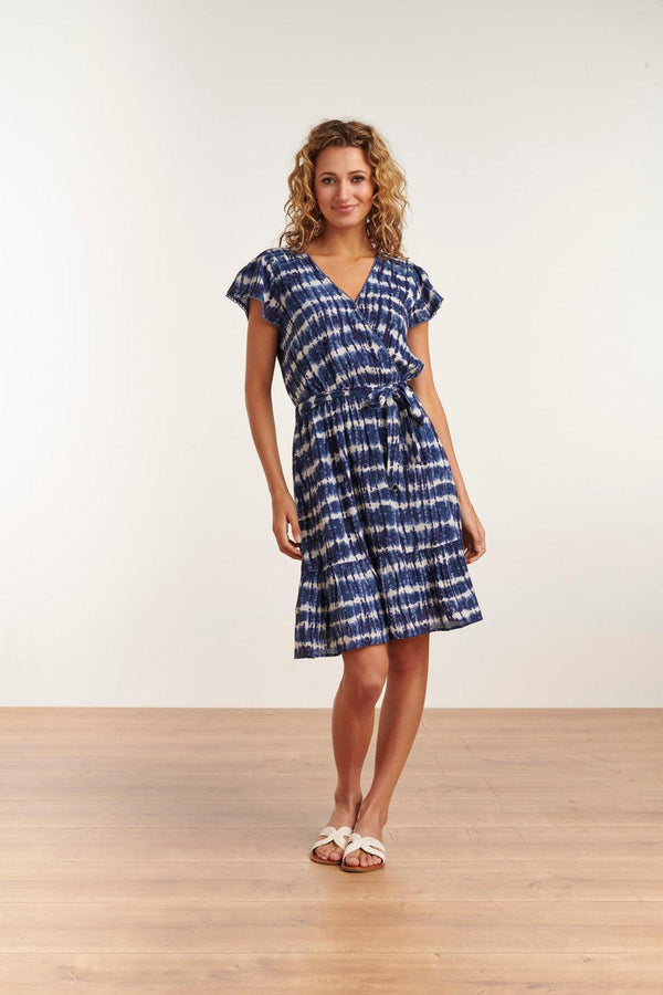 Smashed Lemon 23183 Women Tie Dye Midi Waisted Dress | Blue-White