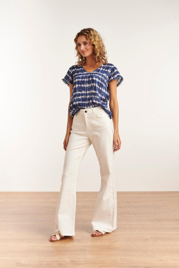 Smashed Lemon 23184 Tie Dye Short Sleeve Round Neck Top | Blue-White