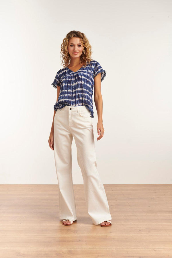 smashed lemon 23184 Tie Dye Short Sleeve Round Neck Top | Blue-White