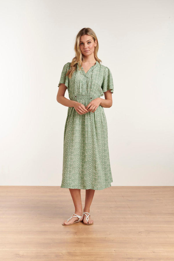 Smashed Lemon 23186 Ditsy Bloemen Midi Jurk | Soft Green-White