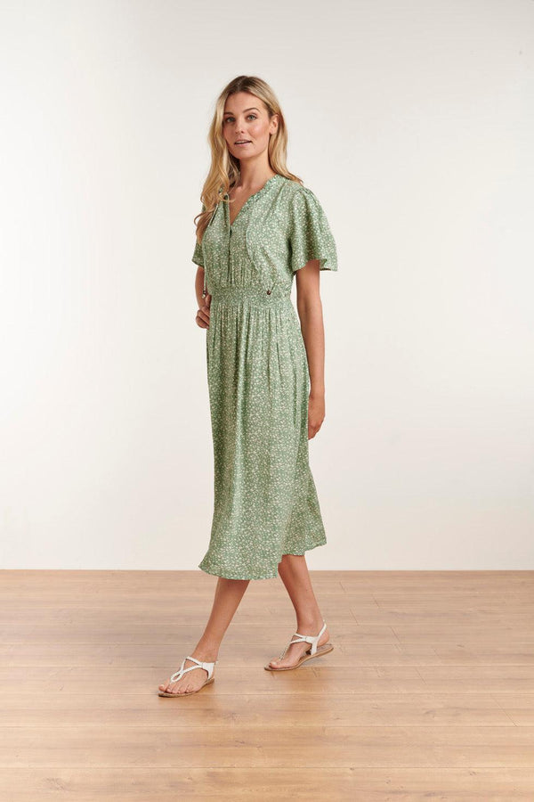 Smashed Lemon 23186 Ditsy Bloemen Midi Jurk | Soft Green-White