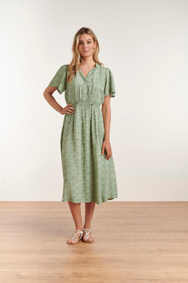 Smashed Lemon 23186 Ditsy Bloemen Midi Jurk | Soft Green-White