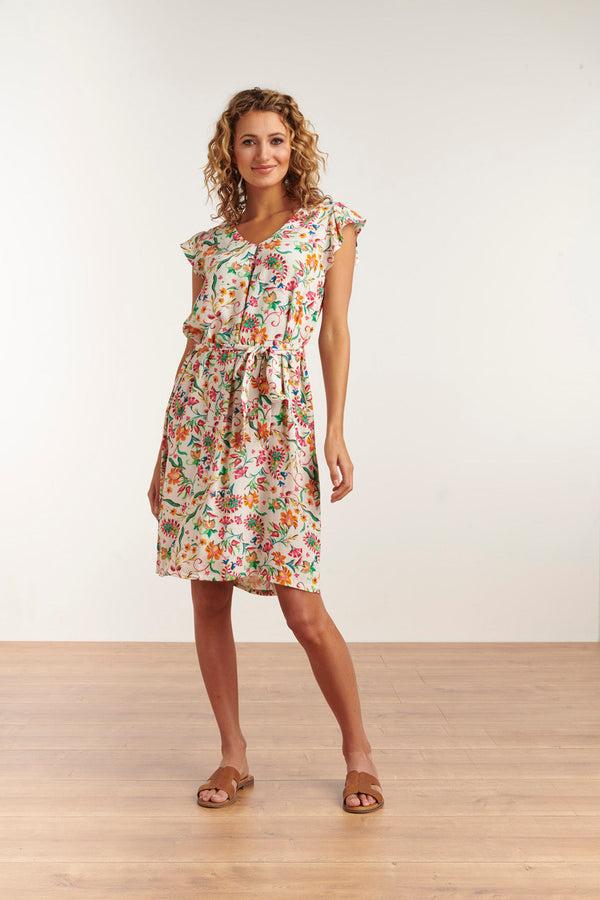 Smashed Lemon 23198 Zomerse Paisley Print Jurk Met V-Halsvlindermouwen | White-Multicolour