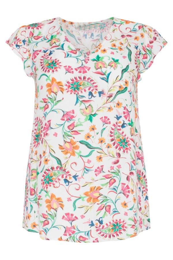 Smashed Lemon 23199 Zomer Top Met Vlindermouwenmulti E Print Van 100% Viscose | White-Multicolour