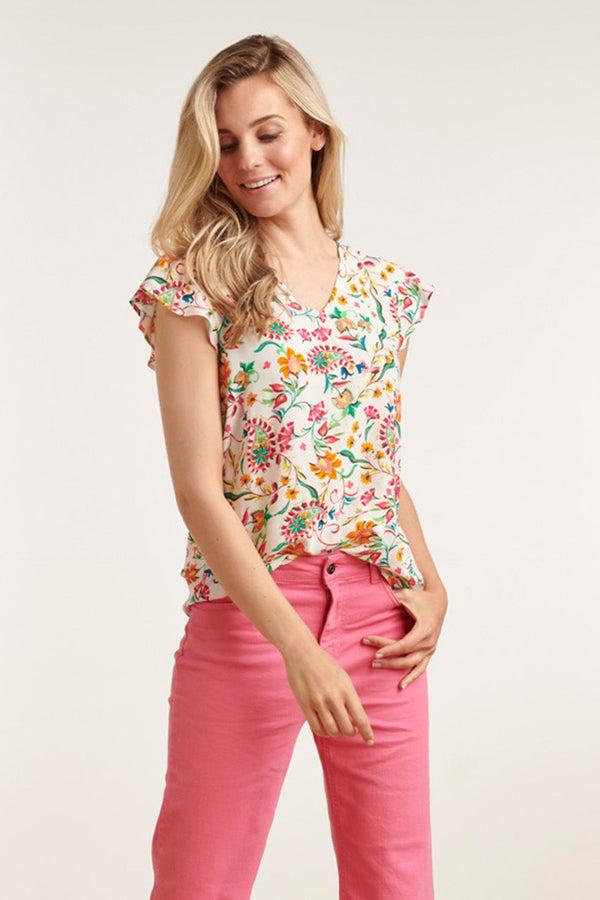 Smashed Lemon 23199 Zomer Top Met Vlindermouwenmulti E Print Van 100% Viscose | White-Multicolour