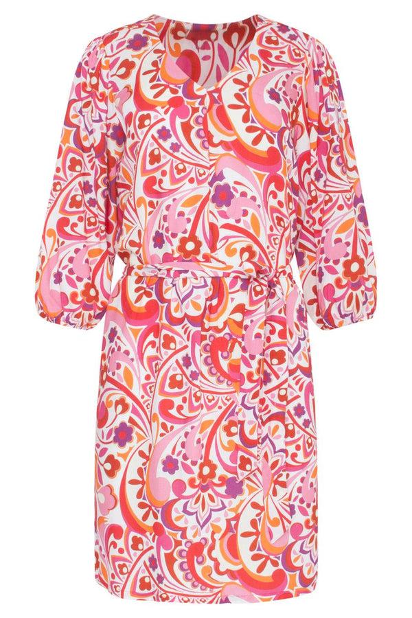 Smashed Lemon 23201 Abstracte Boheemse Retro Print Zomerjurk | White-Multicolour