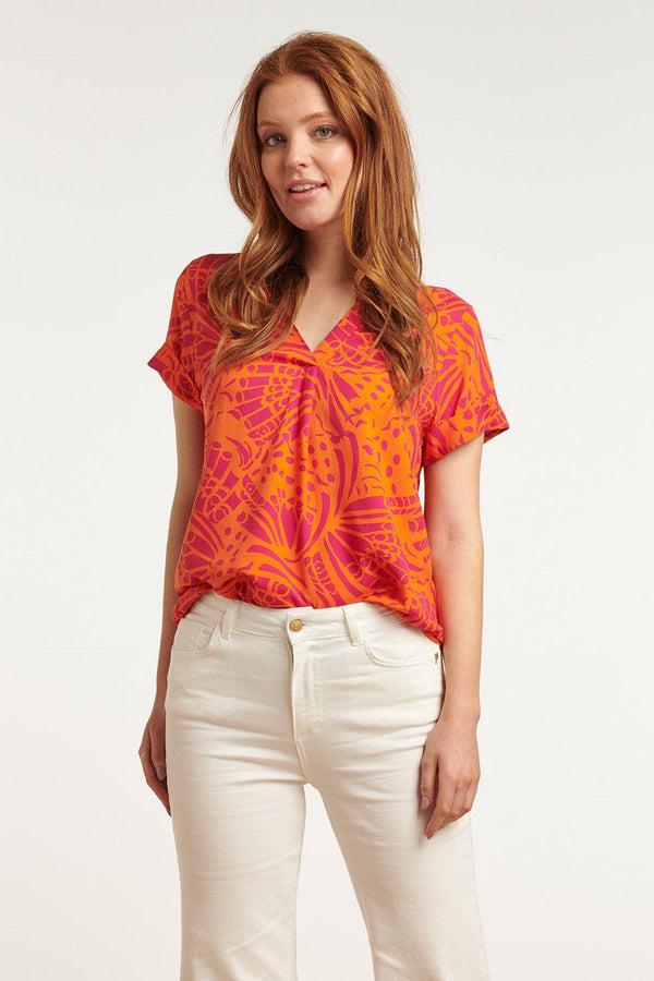Smashed Lemon 23212 Short Sleeve Shirt Pullover Print Women'S Tops | Orange-Fuchsia