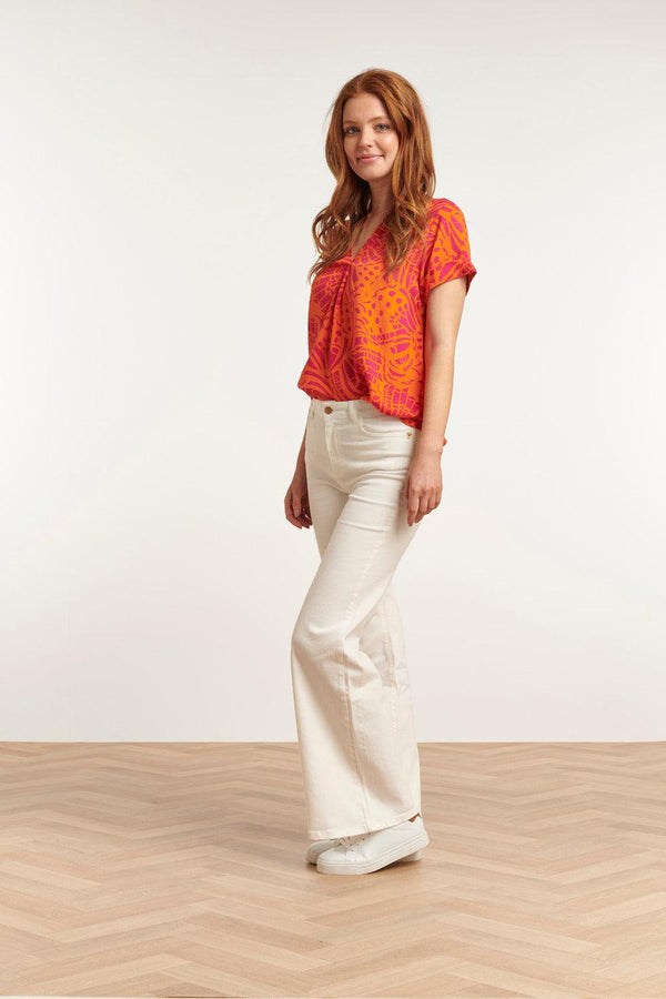 Smashed Lemon 23212 Short Sleeve Shirt Pullover Print Women'S Tops | Orange-Fuchsia