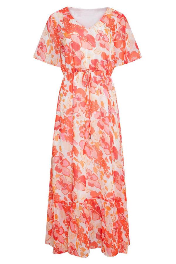 Smashed Lemon 23300 Maxi Chiffon Zomerjurk Met Bloemenprint | White-Orange