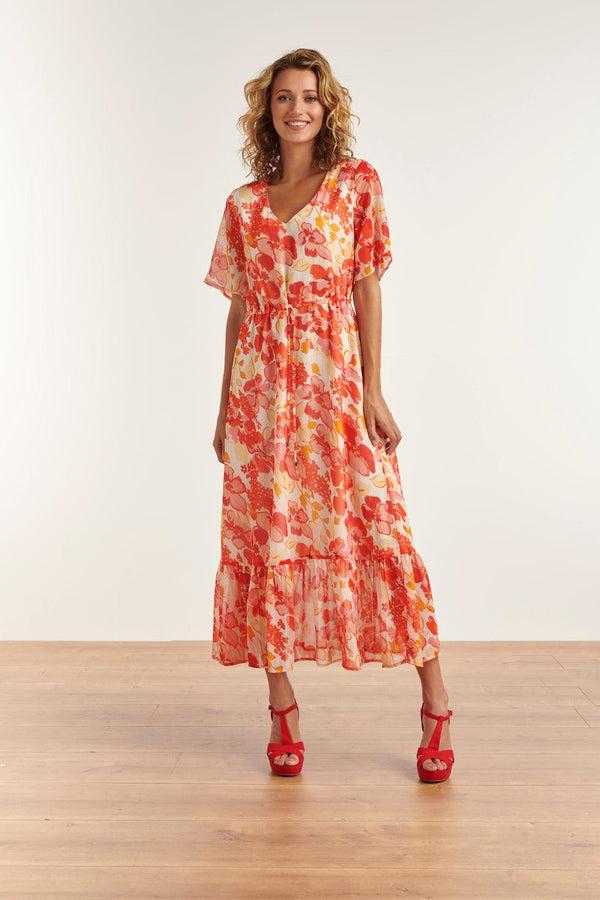 Smashed Lemon 23300 Maxi Chiffon Zomerjurk Met Bloemenprint | White-Orange