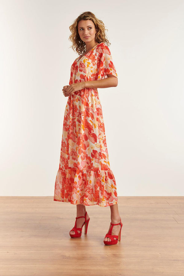 Smashed Lemon 23300 Maxi Chiffon Zomerjurk Met Bloemenprint | White-Orange