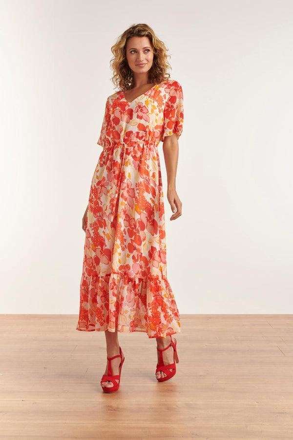 smashed lemon 23300 Maxi Chiffon Zomerjurk Met Bloemenprint | White-Orange