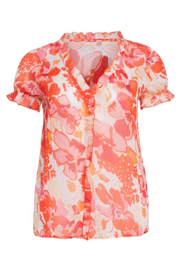 Smashed Lemon 23301 Chiffon Zomer Top Met Bloemenprint | White-Orange