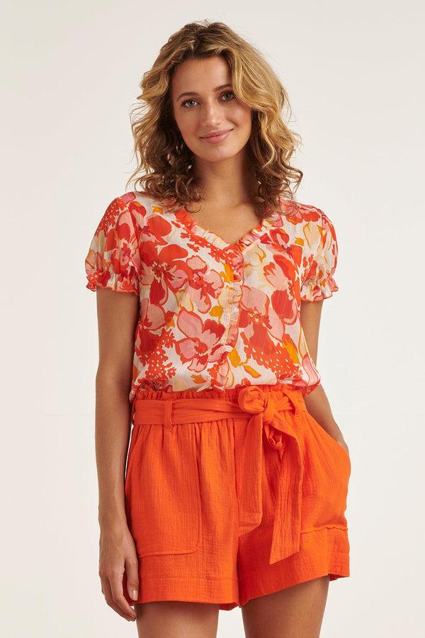 Smashed Lemon 23301 Chiffon Zomer Top Met Bloemenprint | White-Orange