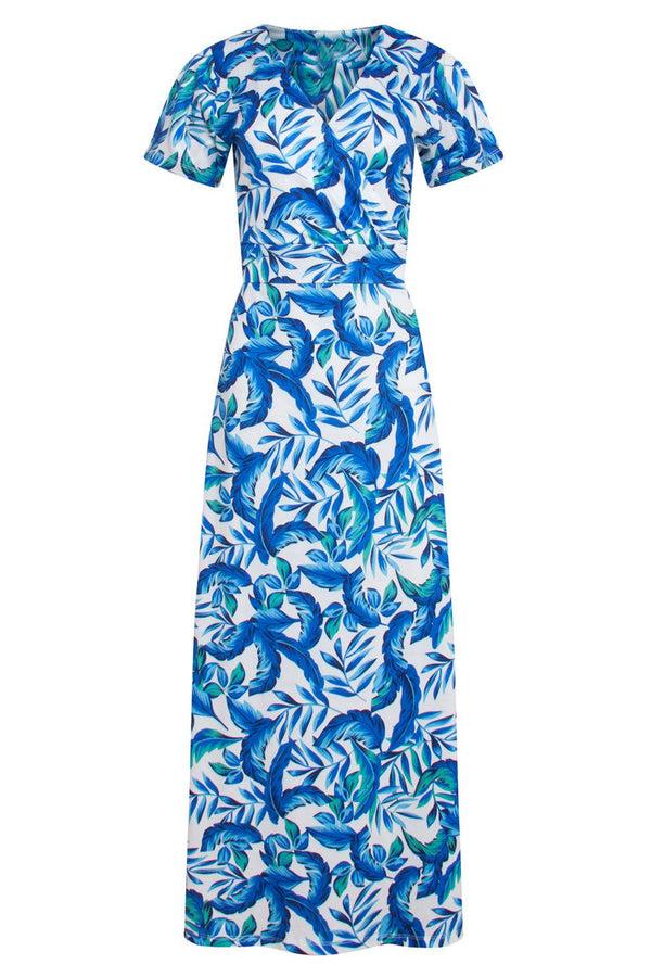 Smashed Lemon 23315 Stijlvolle Maxi Zomerjurk Met Bladeren Print- | White-Blue