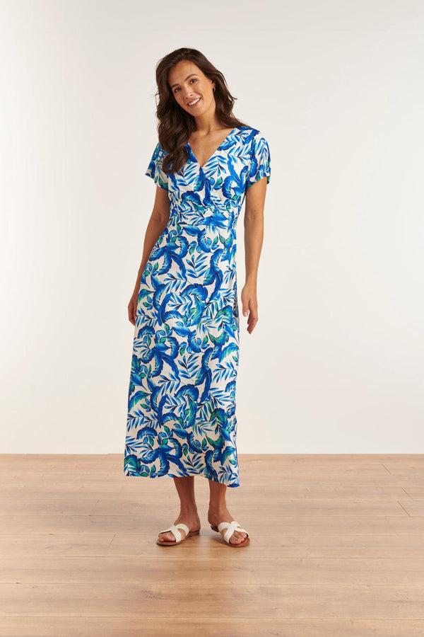 Smashed Lemon 23315 Stijlvolle Maxi Zomerjurk Met Bladeren Print- | White-Blue