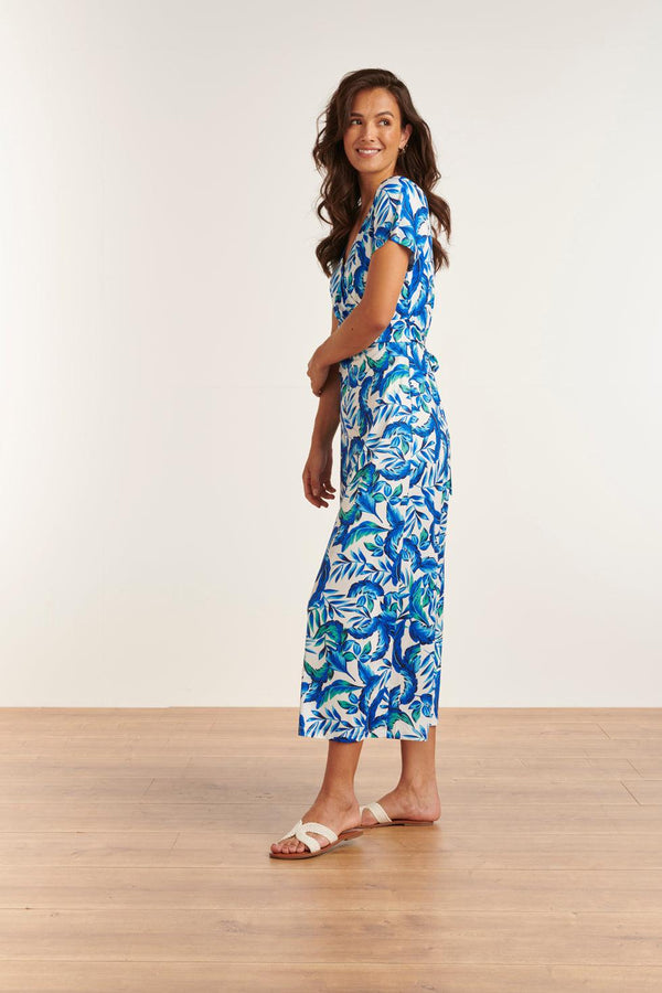 Smashed Lemon 23315 Stijlvolle Maxi Zomerjurk Met Bladeren Print- | White-Blue