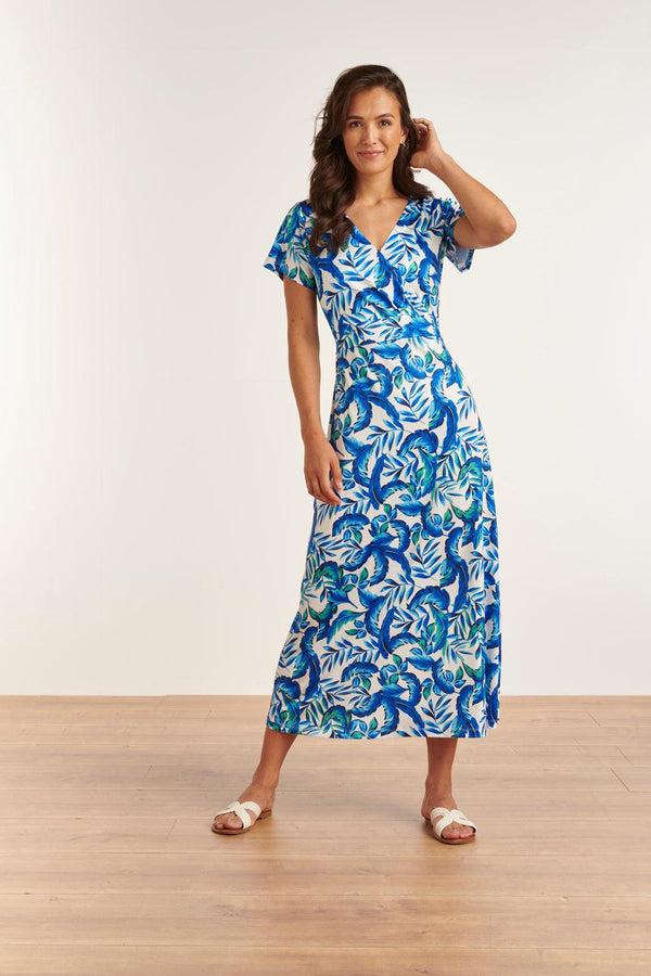 Smashed Lemon 23315 Stijlvolle Maxi Zomerjurk Met Bladeren Print- | White-Blue
