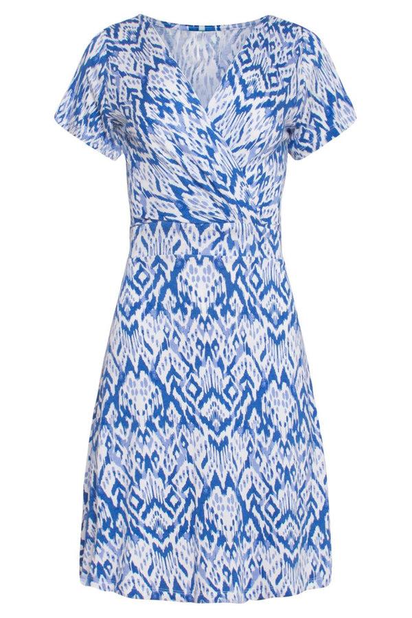 Smashed Lemon 23321 Zomerjurk Met Aztek Print-V-Halslijn | White-Blue