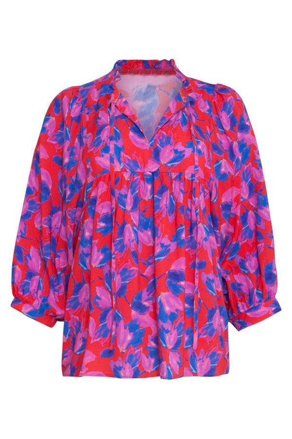 Smashed Lemon 23333 Abstracte Zomer Top Met V-Halsdriekwart Mouwen | Red-Multicolour