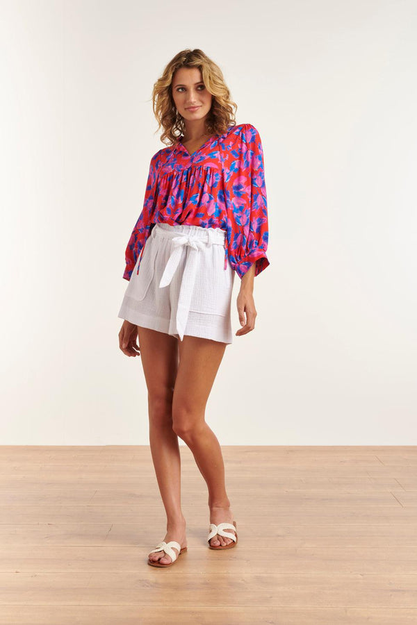 Smashed Lemon 23333 Abstracte Zomer Top Met V-Halsdriekwart Mouwen | Red-Multicolour