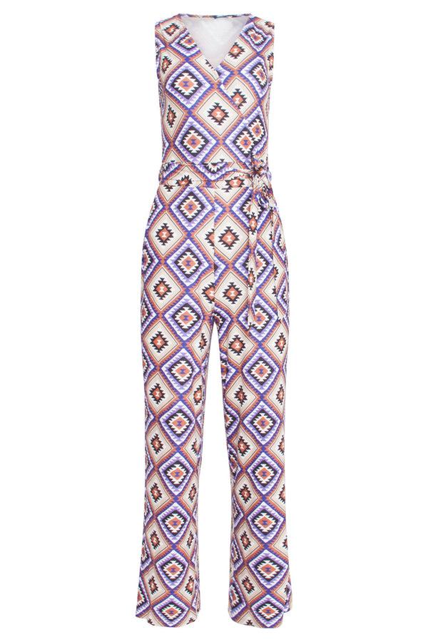 Smashed Lemon 23337 Paars Zachte Stretch Aztec Print Zomer Jumpsuit | Purple-Multicolour