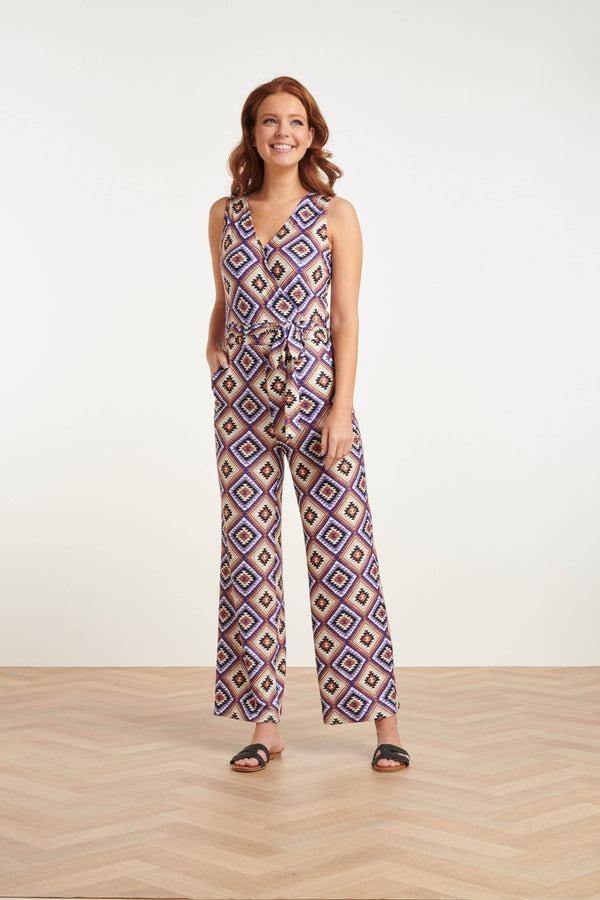 Smashed Lemon 23337 Paars Zachte Stretch Aztec Print Zomer Jumpsuit | Purple-Multicolour