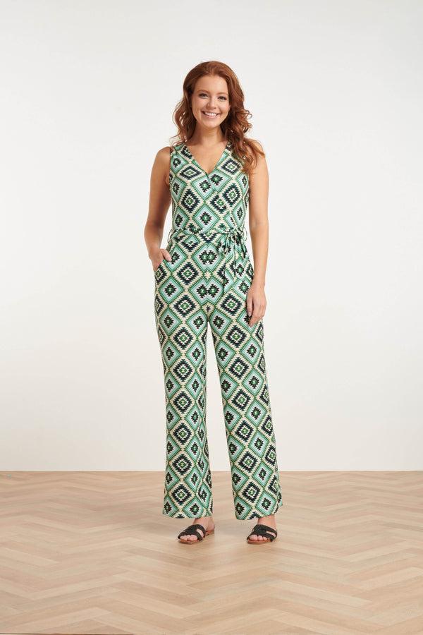 Smashed Lemon 23337 Zachte Stretch Aztec Print Zomer Jumpsuit | Green-Multicolour