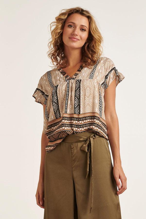 Smashed Lemon 23341 Zomer Top V-Hals Korte Mouwen 100% Rayon Ecovero | Sand-Black White