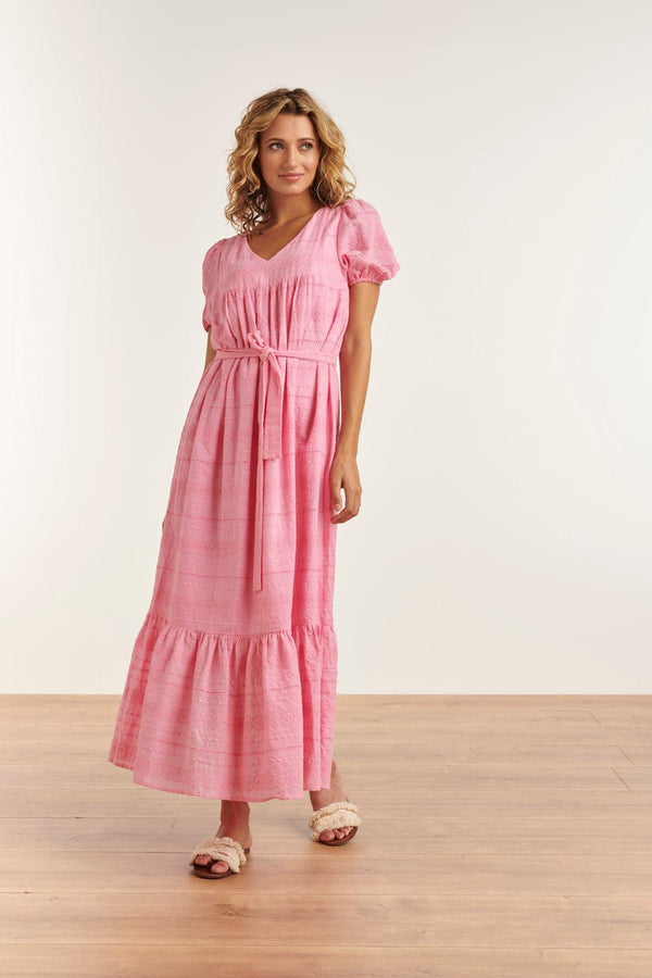 Smashed Lemon 23357-420 Zomerjurk Met V-Halskorte Pof Mouwen Van 100% Katoen | Pink