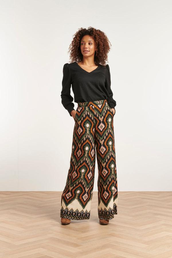 Smashed Lemon 23527 Dames Rechte Wijde Broek Met Opvallende Tribal Print | Blackwhite
